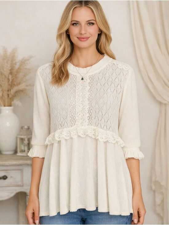 Zara Tops - Womens Zara Ivory Cream Lace Knit Romantic Babydoll Tunic Top Dress. Size M